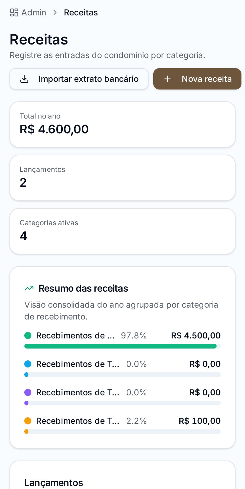 Tela do receitas do condomínio — Cada entrada registrada, total do ano sempre à vista